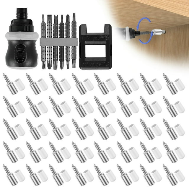 50/100Pcs Self-Tapping Screws Cabinet Laminate Support Iron Shelf Bracket Screws Pegs with Screwdriver Set and Magnetizer for Cupboard