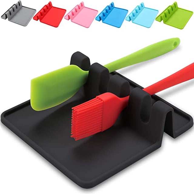 Jinsinto Kitchen Spoon Rest Utensil Rest Ladle Kitchen Utensils Covered Spatula Cover, Silicone Holder with Drip Tray, Tool to Protect Worktop, Splashback and Hob (Black)
