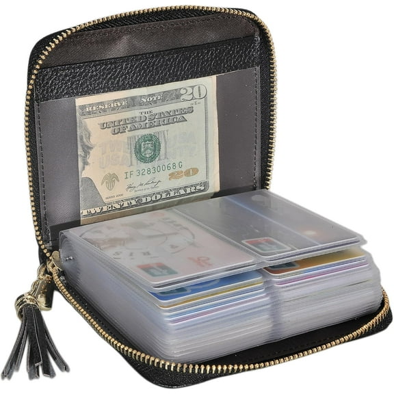 Womens Credit Card Holder Wallet Zip Leather Card Case RFID Blockg (Black)