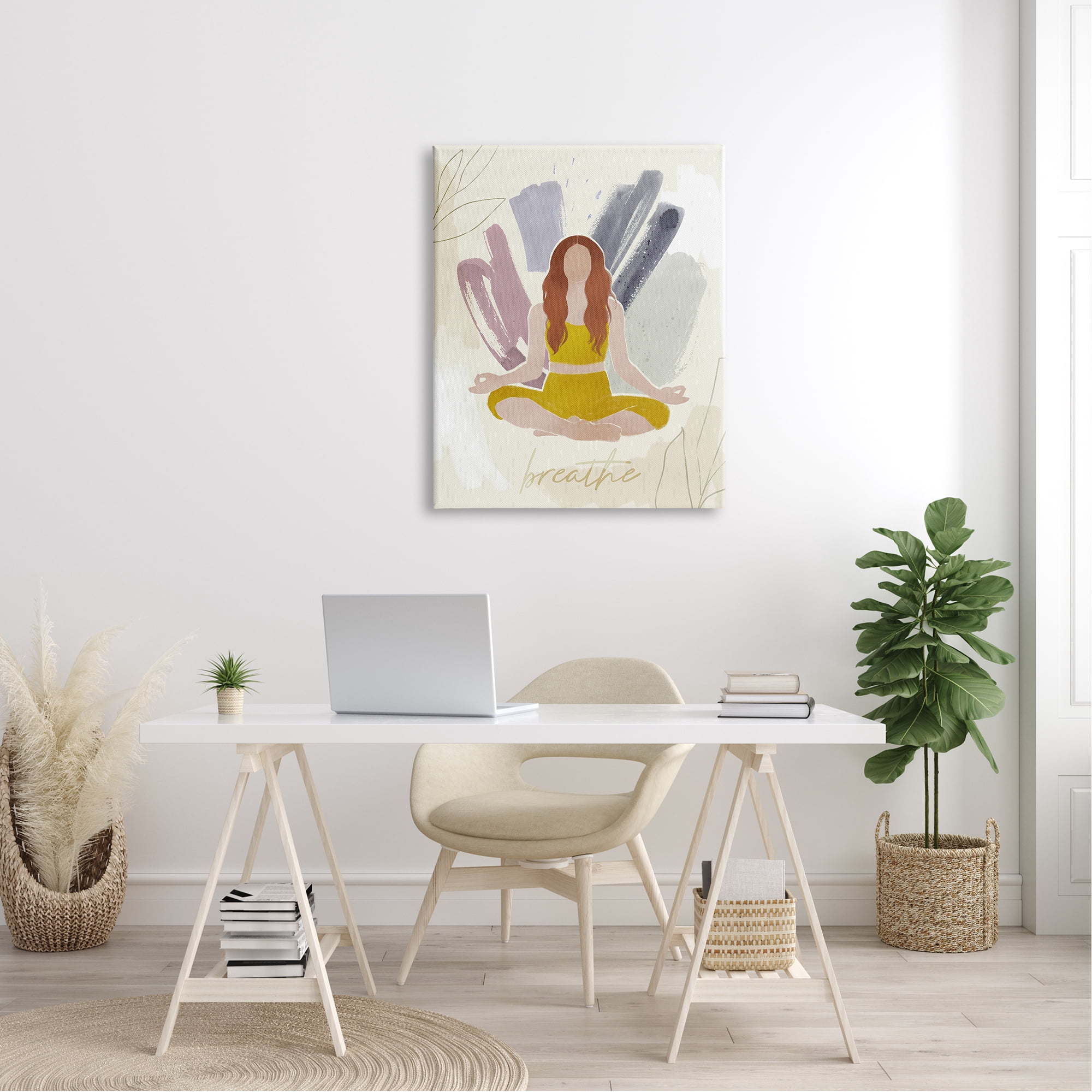 Stupell Industries Abstract Person Meditating Yoga Breathe Text Botanicals Graphic Art Gallery-Wrapped Canvas Print Wall Art, 30x40, by Victoria Barnes