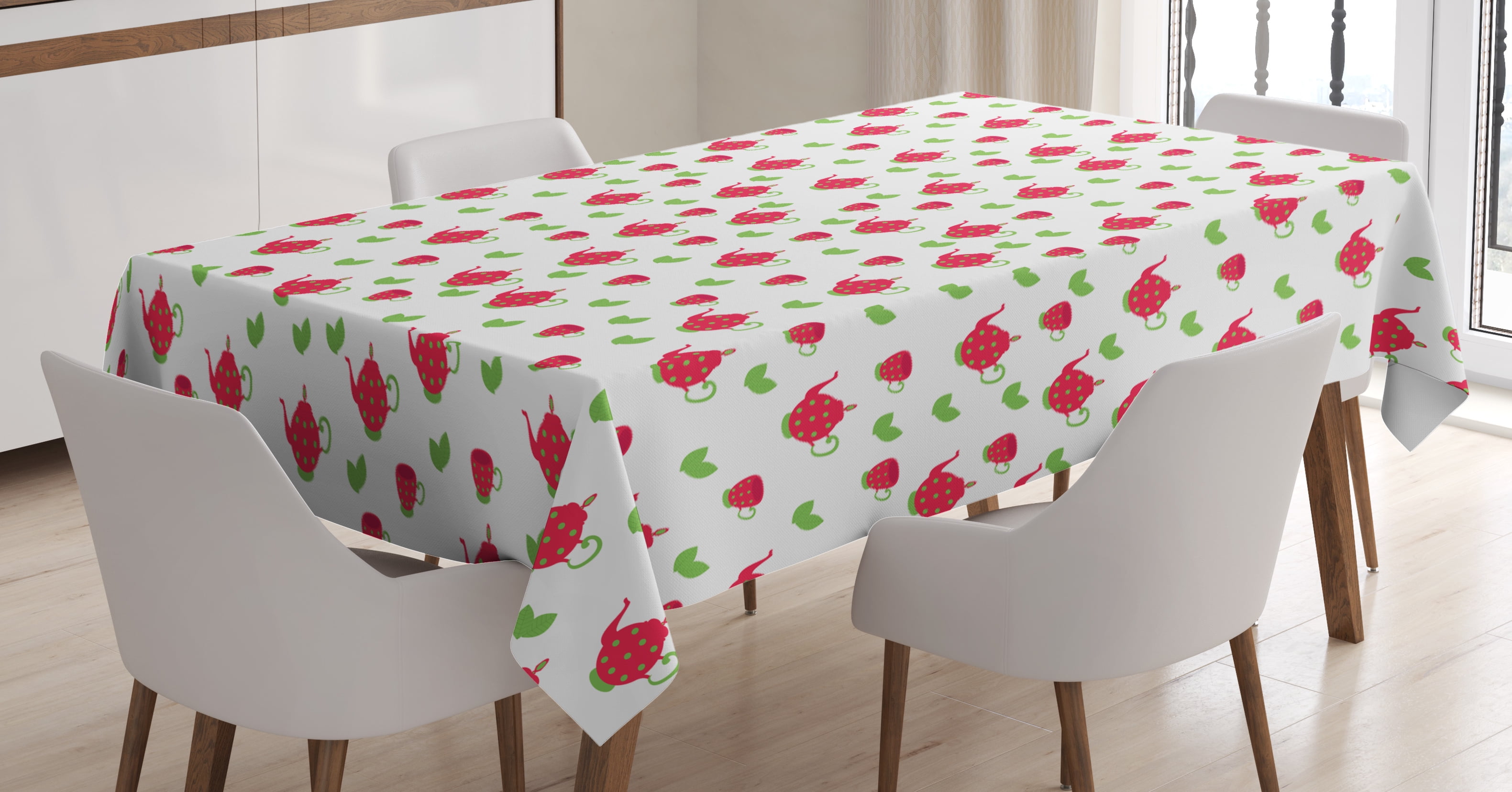 Tea Party Tablecloth, Teapots with Polka Dots and Leaves Tea Time Image Beverage British Design