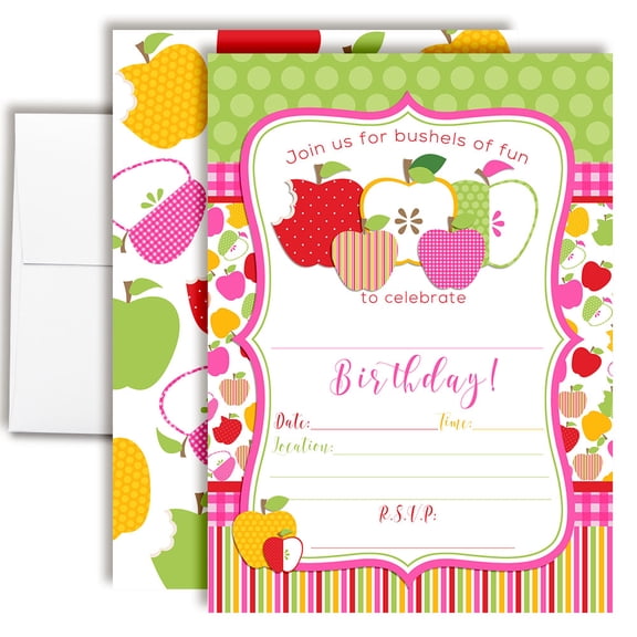 Bright Apple Birthday Party Invitations for Kids, 20 Fill-In Cards with Envelopes, 5x7 Children's Birthday Party Invitations, Birthday Party Supplies, Made in USA by Amanda Creation