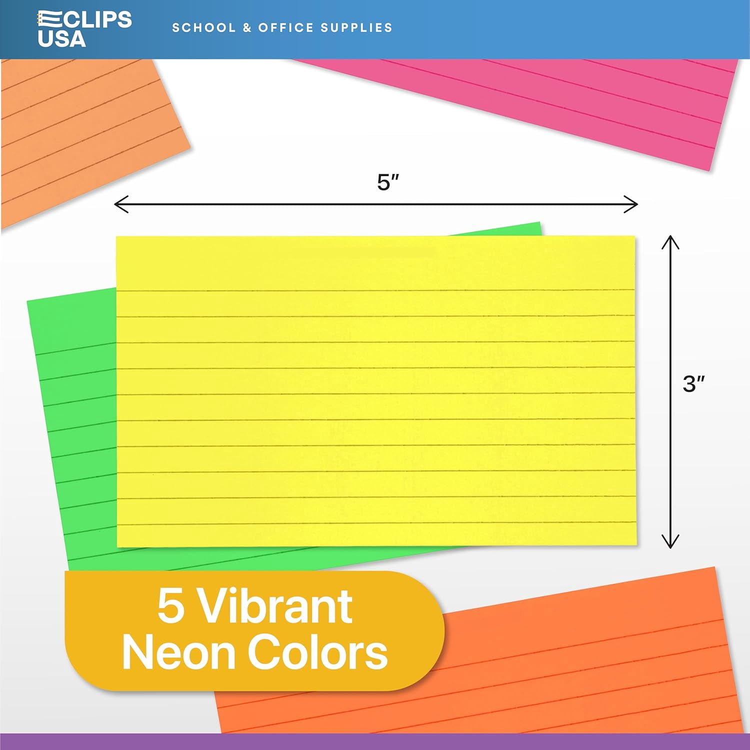 E-Clips USA 3” x 5” Index Cards Assorted Neon Flashcards, 12-Pack (100 Cards Per Pack)