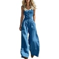 thumbnail image 3 of Women's Solid Color 100% Polyester Wide Leg Jumpsuit, High Waisted Button Front, Comfortable Casual Fit, Summer Beach Party Office Vacation Rome Travel, Womens Trousers Women's, 3 of 7
