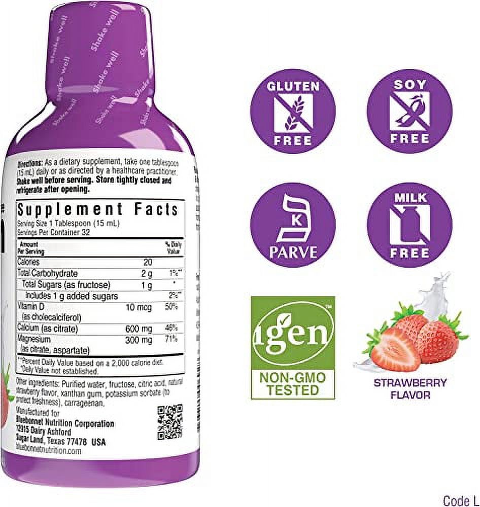 Bluebonnet Liquid Calcium Magnesium Citrate, Vit D3, Strawberry, 16Oz (3 pack)