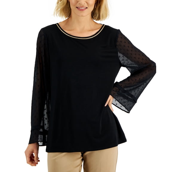 JM Collection Womens Sequin Neck Sheer Sleeve Top Deep Black 2XL