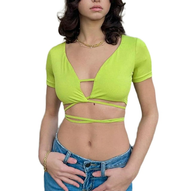 Txlixc Mujeres Verano Crop Tops, Manga Corta Color Sólido Amarrar Cintura Elástica Camisa para Mujer Txlixc Moda