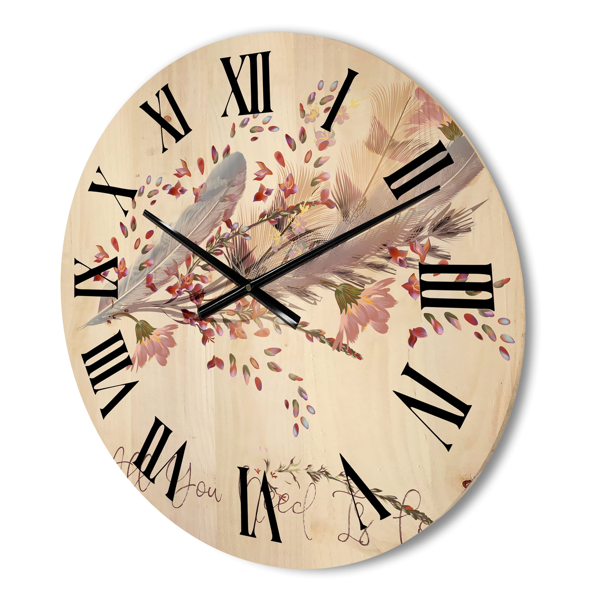 Designart 'Pink Feathers and Flowers All You Need Is Love' Bohemian & Eclectic Wood Wall Clock
