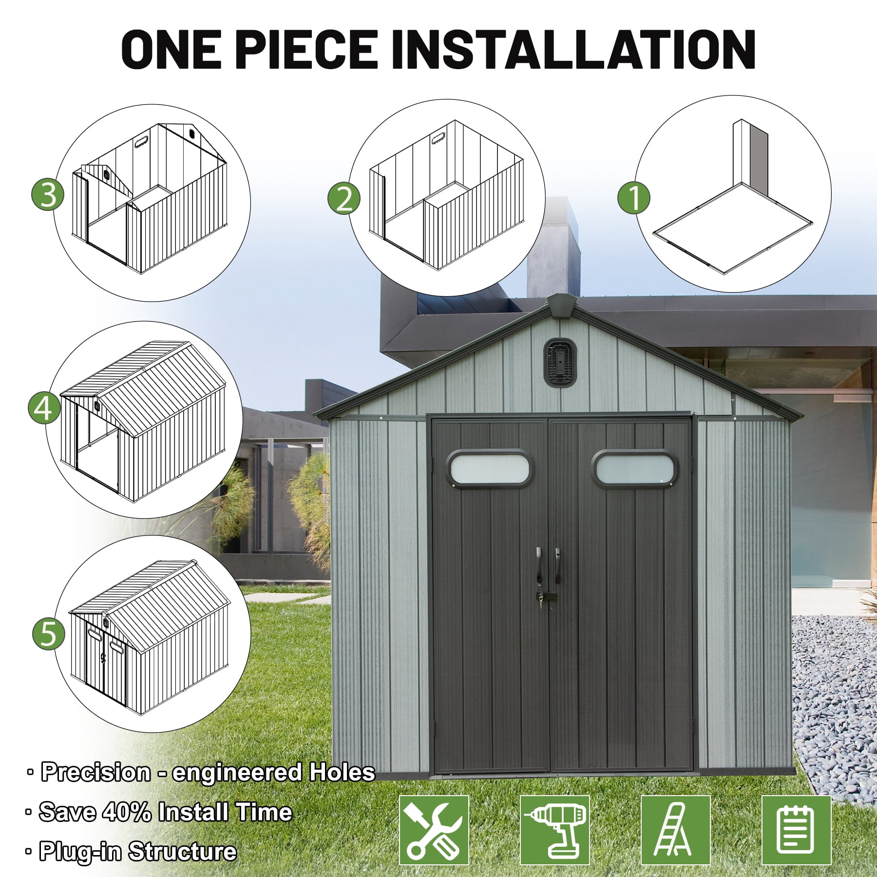 Heavy-Duty 8x10 Outdoor Storage Shed - Waterproof Resin Garden Shed with Lockable Door, Windows & Ventilation - Fits Riding Lawn Mower, Patio Furniture, Bikes, Yard Tools (Wood Grain Design)