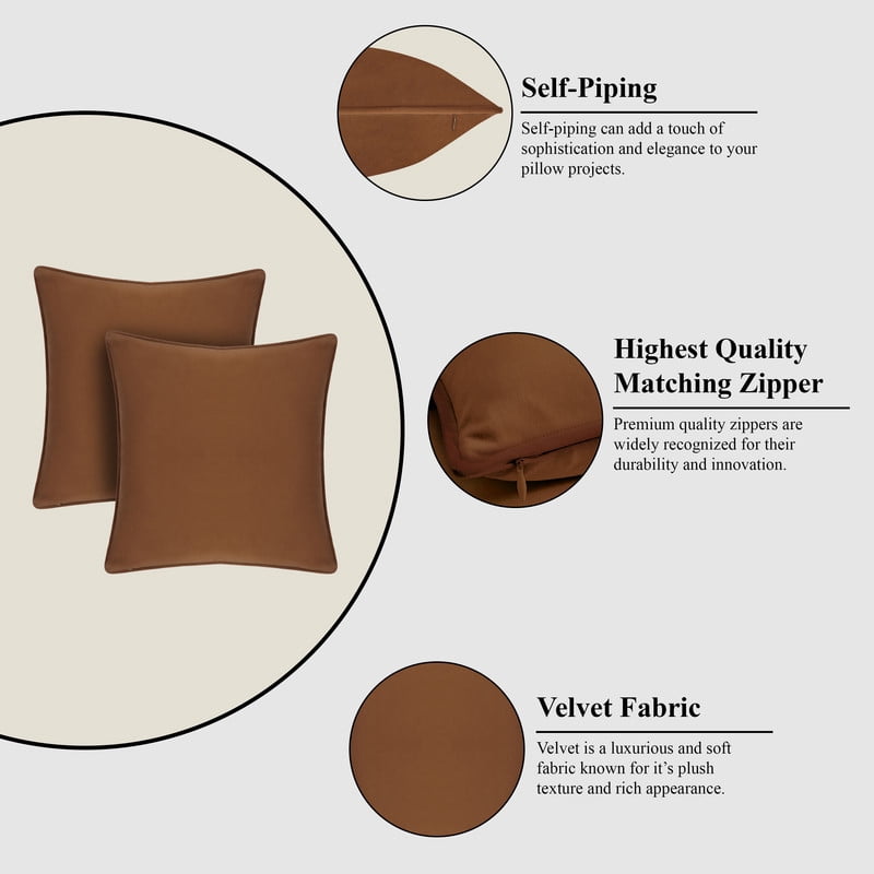 A1HC Set of 2 Luxurious Soft Velvet Throw Pillow Covers Only, 18"x18", Burnt Caramel, Decorative Cushion Covers with Hidden YKK Zipper for Sofa or Bed