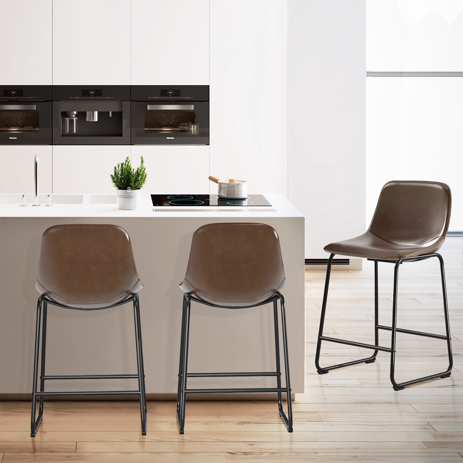 RTVR Counter Height Bar Stools Set of 3, Dining Chairs for Home Kitchen Island, Support 500 lbs,Counter Stool with Back, Modern Faux Leather Barstools with Metal Legs and Footrest,Brown
