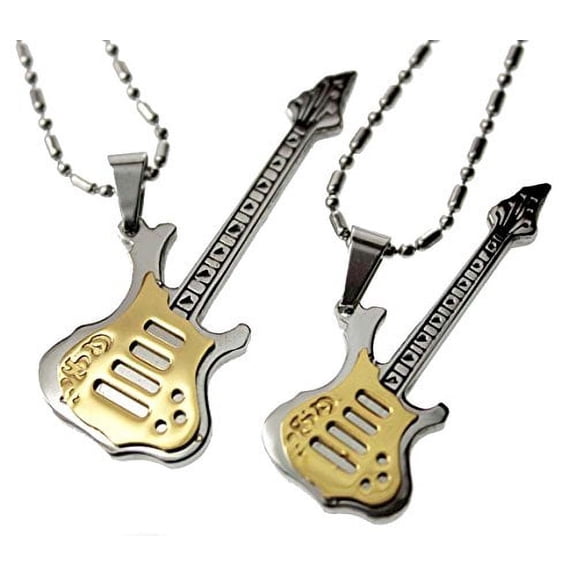 R.H. Jewelry Mens Womens Lovers Couple Stainless Steel Guitar Pendant Necklace Set