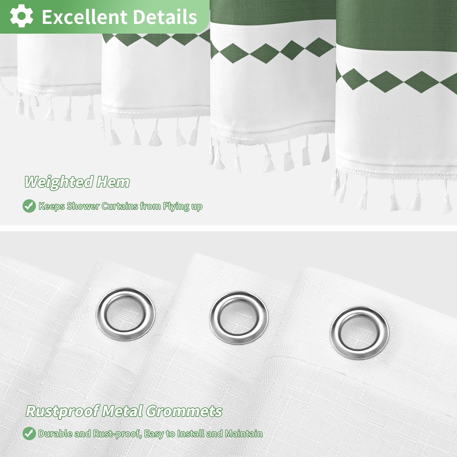 FRAMICS Striped Tassel Shower Curtain Sets with Bath Rug, Boho Farmhouse Water-Repellent Fabric Bathroom Sets with Hooks, Slub Textured Design, 72" x 72", Sage Green