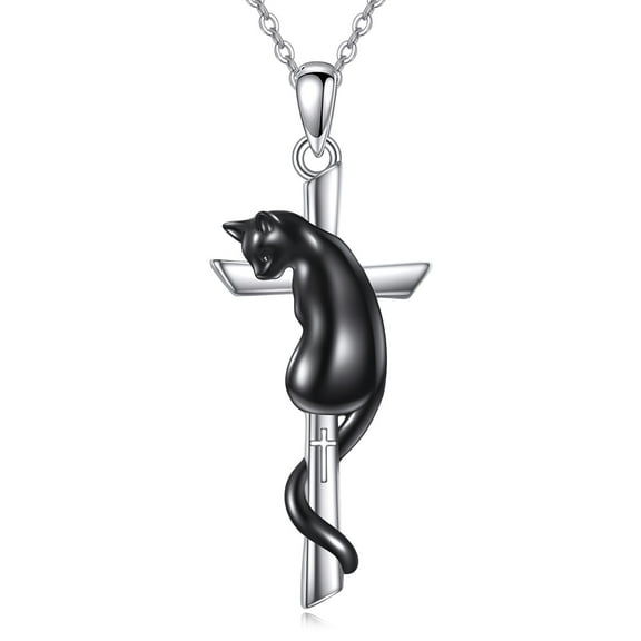 Black Cat Necklace for Women Sterling Silver Cross Pendant Necklace Cat Jewelry