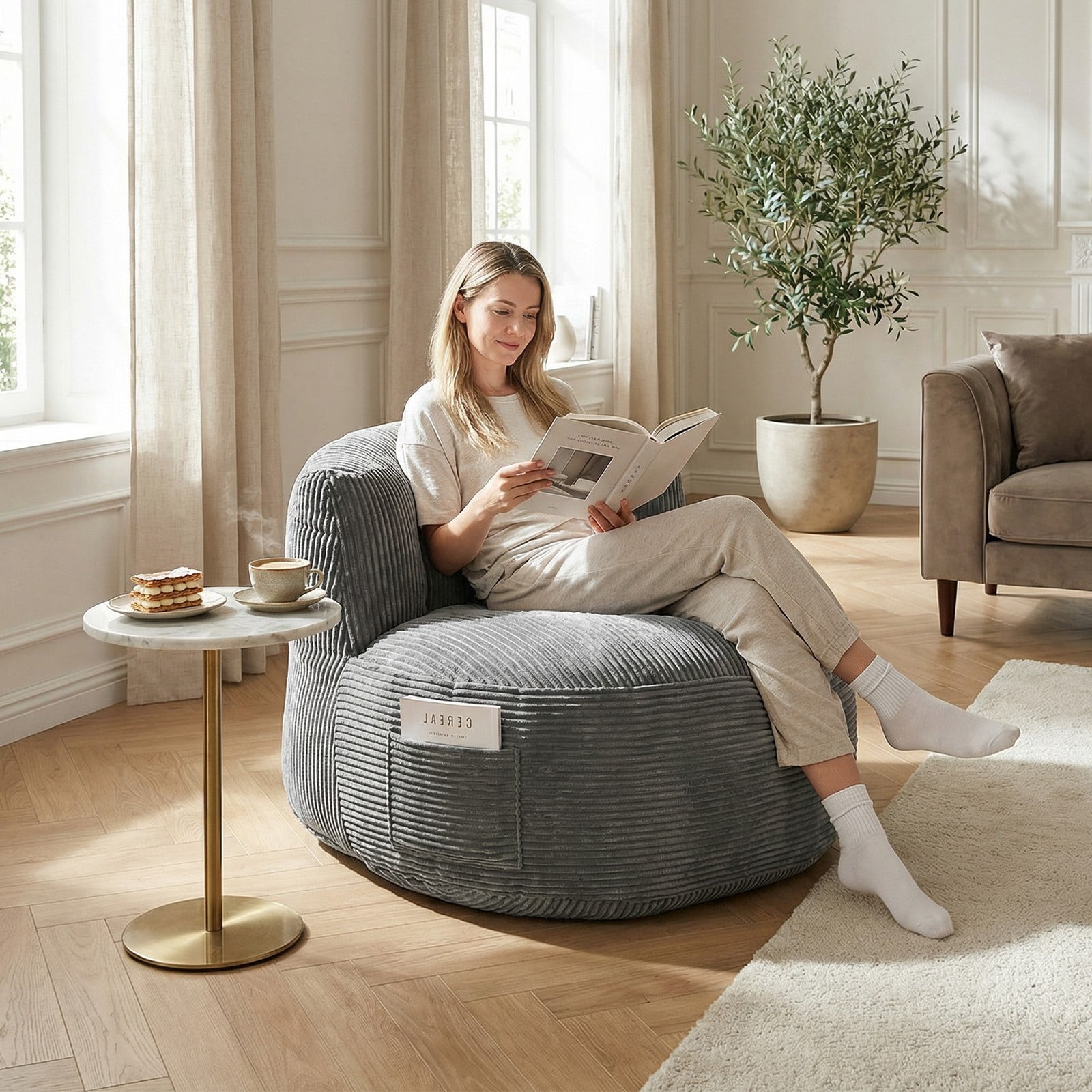 TOPCHANCES Large Bean Bag Chair for Adults, Crushed Foam Floor Chair with Storage Pocket & Carry Handle,  Indoor Lazy Lounger Sofa for Living Room Bedroom, Dark Gray