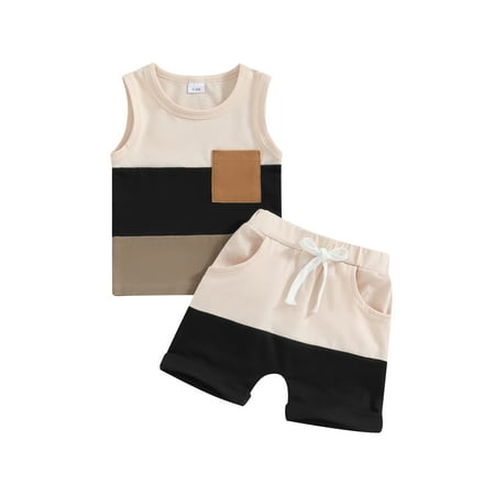 

Qtinghua 2Pcs Infant Toddler Baby Boy Summer Outfits Sleeveless Contrast Color Tank Tops+Shorts Clothes Apricot 12-18 Months