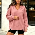 thumbnail image 4 of thefmos Women's Deep V Neck Long Sleeve Sweatshirt Side Slit Plus Size Solid Color Casual Fashion Pullover Fall Winter Clothes, Pink M, 4 of 6
