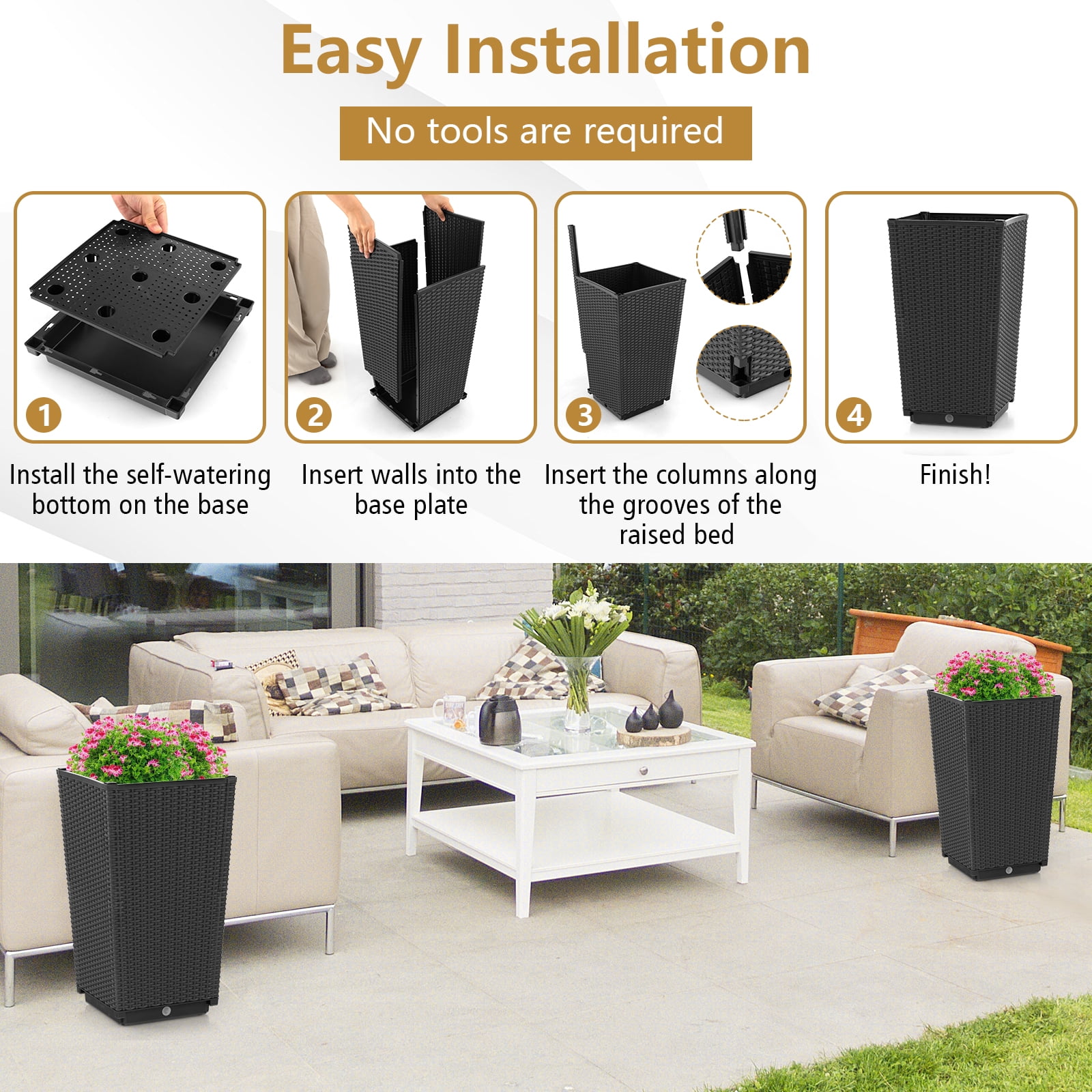 Costway 2PCS Outdoor Wicker Flower Pot 22.5''Tall Planters with Drainage Hole Black