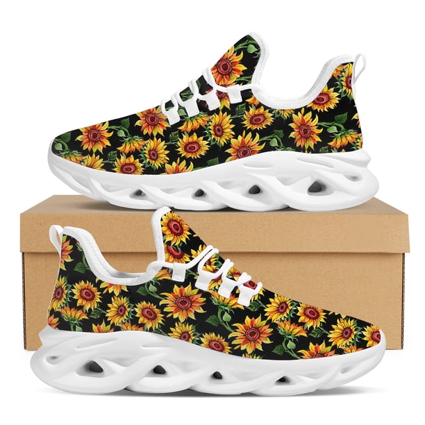 Zapatos vulcanizados con estampado de girasoles para mujer, zapatillas cómodas y transpirables, planos informales con cordones para mujer