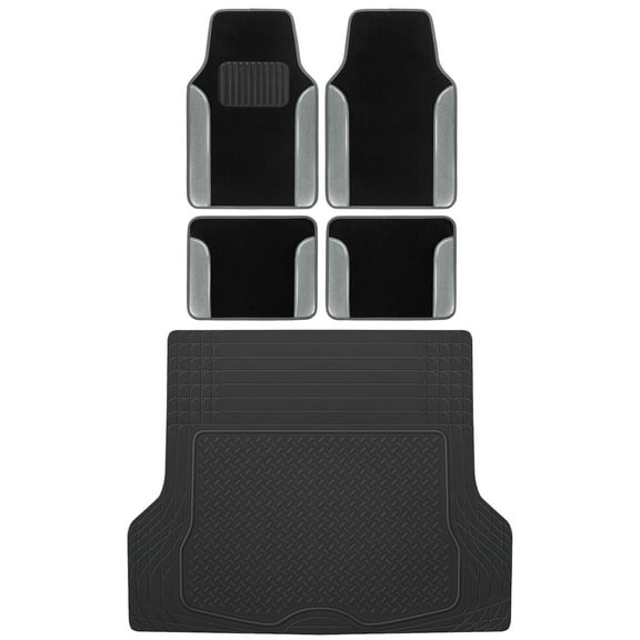 BDK MT-202 Vibrant Color Carpet Floor Mats, Two Tone Color Design with PU Leather Trim, Universal Front & Rear Combo Set with Trunk Cargo Mat Liner for Car Sedan SUV Van, Heavy Duty All Weather