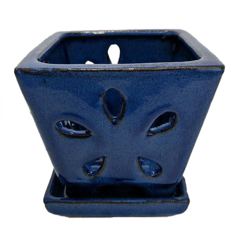 Square Ceramic Orchid Pot/Saucer plus Felt Feet 4.25" x 4" Blue