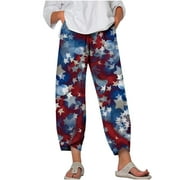 JWZUY Women's Elastic High Waisted Capris with Pockets USA American Flag Print Cotton Linen Wide Leg Cropped Pants Dark Blue L