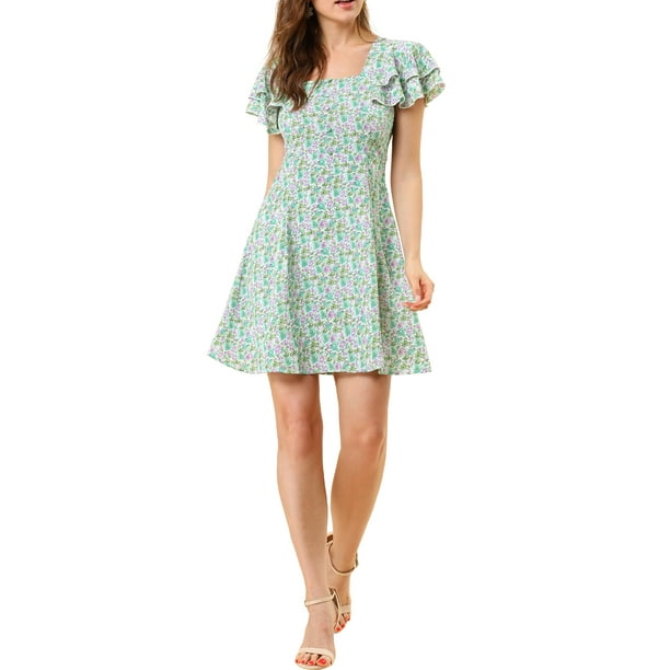 Vestido impreso con cuello cuadrado y mangas con volantes de INSPIRE CHIC para mujer, verde, XS