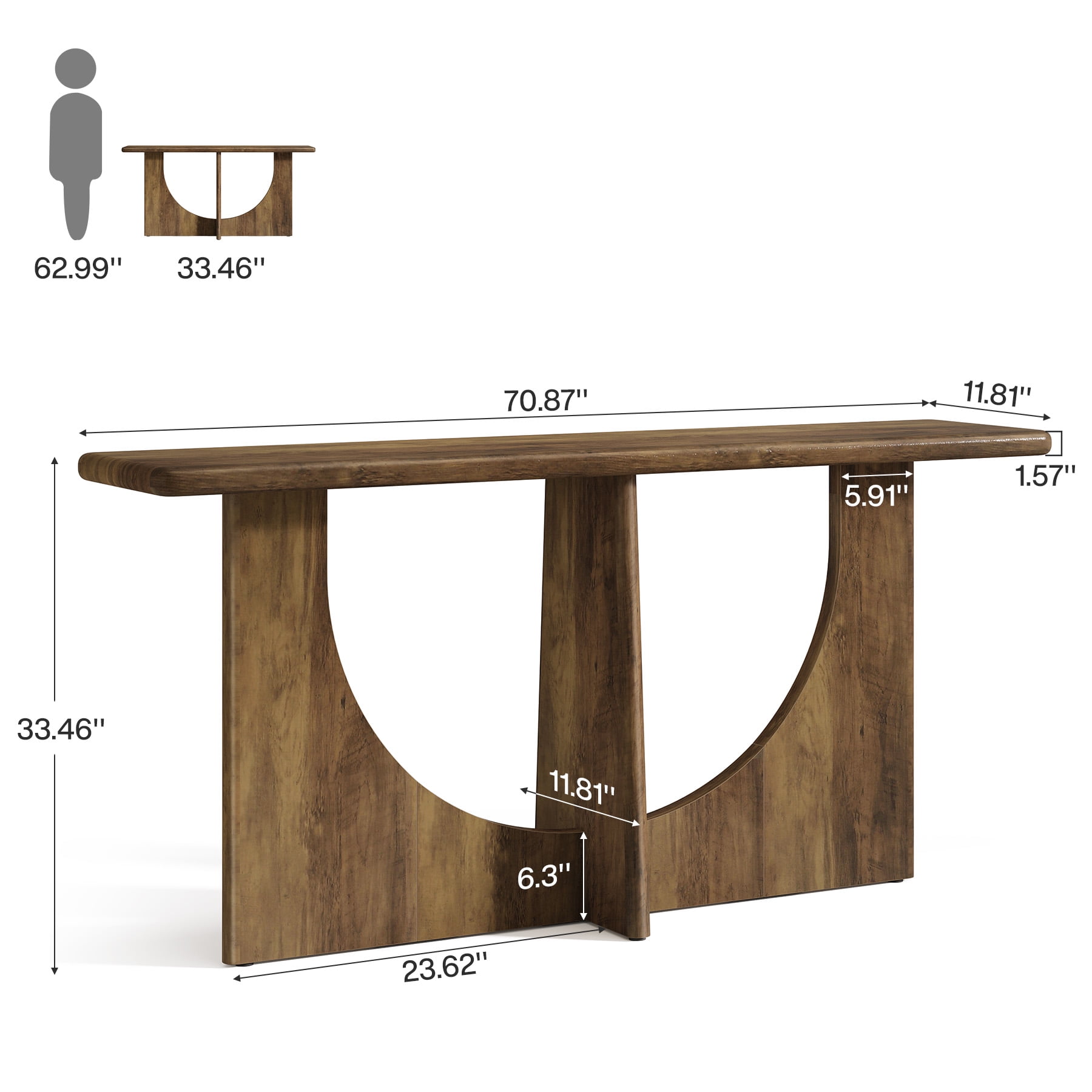 Finmind 71-inch Console Table for Entryway, Farmhouse Entryway Table with Sturdy Geometric Frame and Rounded Corner, Rustic Brown