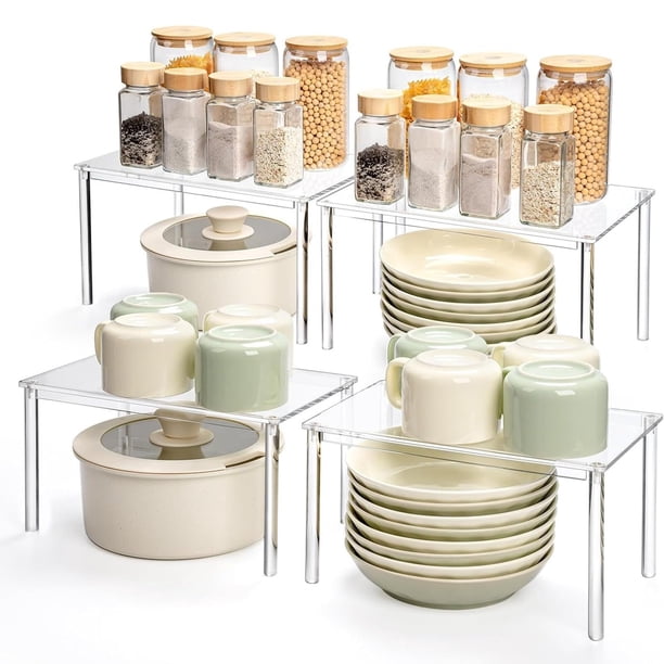 Estante Acrílico para Especias, Juego de 4 Organizador de Armarios, Especiero de Cocina, Organizador Cocina, Apilable, Estante para Encimera o Gabinete, Soporte de Especias para Despensa