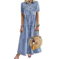thumbnail image 2 of Travelwant Womens Denim Shirt Dresses Fashion Summer Sexy V Neck Short Sleeve Loose Ruffle Long Maxi Pleated Dress Cowboy Sundress, 2 of 7