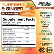 Turmeric Curcumin Supplement - 95% Curcuminoids with Organic Turmeric & Ginger, BioPerine Black Pepper Extract for Best Absorption, Natural Vegan Joint Support, Non-GMO, Bottled in USA - 60 Capsules