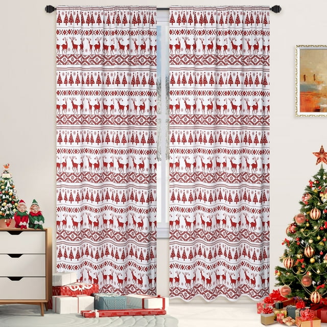 Cortinas Haperlare de estilo bohemio navideño, de 132 cm de ancho x 160 cm de largo, opacas, con estampado de árbol de Navidad y ciervo, suaves, para dormitorio y sala de estar, color blanco (2