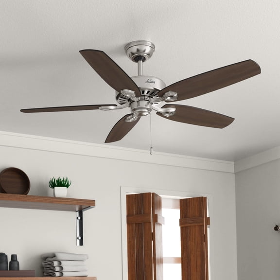 Hunter 52 inch Indoor Ceiling Fan No Light with Pull Chain - Ceiling Fan without Light, Standard Mount, 5 Blades, For Bedroom, Living Room, or Kitchen - Builder Elite 53241, Brushed Nickel