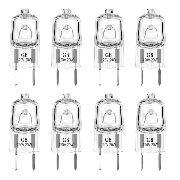 8 Pack-G8 20Watt 120V Halogen Light Bulbs T4 JCD Type 120V Bi-Pin Base Shorter 1-1/4" (1.25") Length 20W Lamp Soft White Under Cabinet Puck Lighting Replacement Dimmable Hood Range Q20/G8/120V