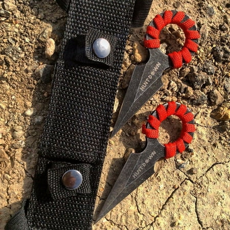 

4 Two Piece Hunt Down Stone Washed Pusher Knives with Red Handle Wraps 9576