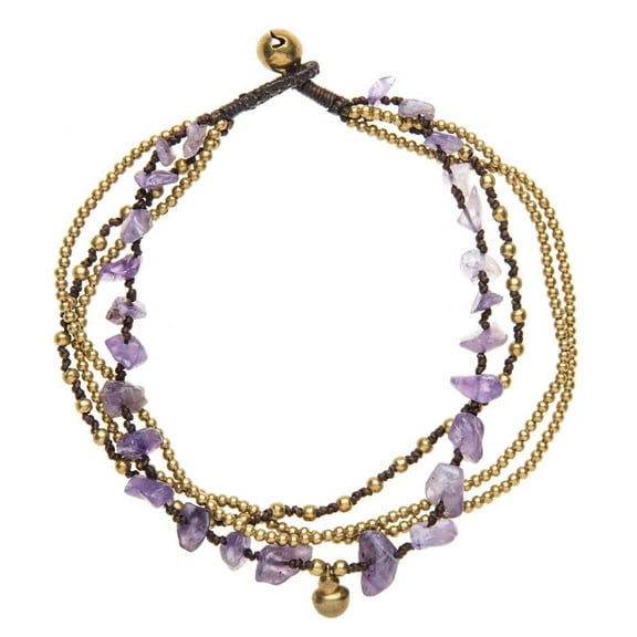 81stgeneration Women's Brass Gold Tone Simulated Amethyst Bead Ankle Anklet Bracelet, 26 cm