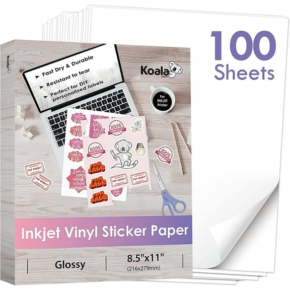 Koala Printable Vinyl Sticker Paper for Inkjet Printers - 100 Sheets Glossy White Waterproof Adhesive Label Paper - 8.5x11 Inch, Tear-Resistant