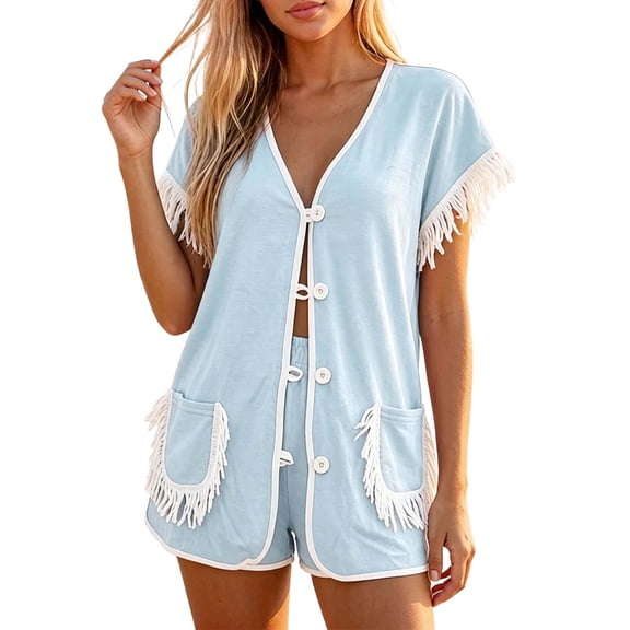 Likimi 2 Piece Sets For Women With Tassels Shorts Sleeve V Neck Solid Color Pocket Top With High Waist Shorts Summer Breathable Soft Outfit Set Blue Size L