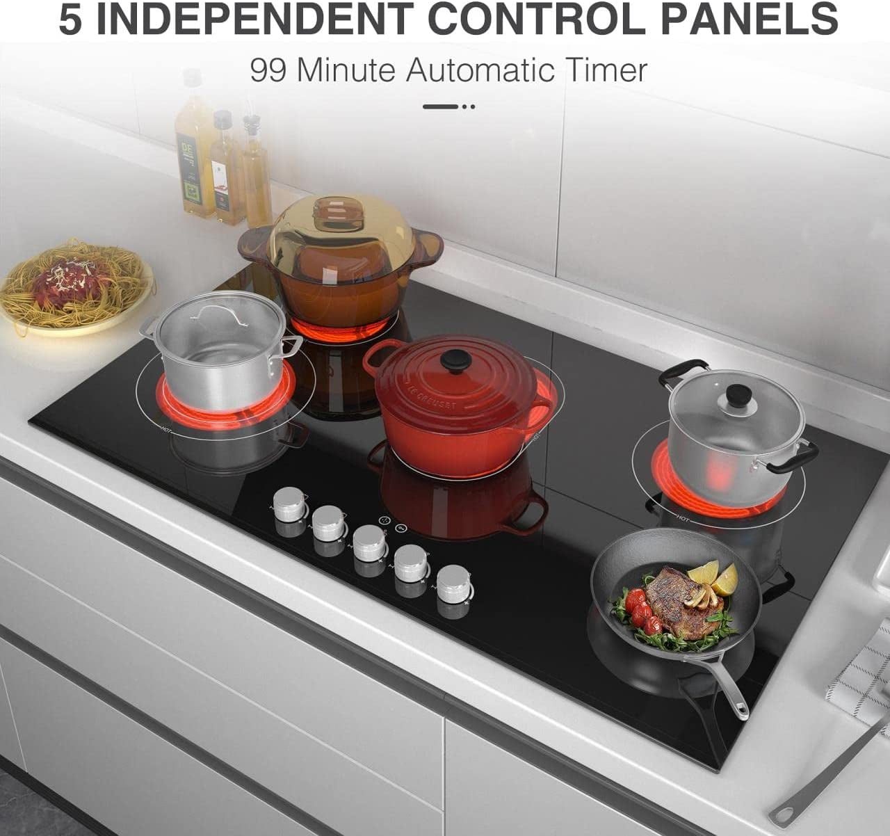 VBGK Electric Cooktop 36 inch 5 Burner Infrared Cooktop, Electric Stovetop 8600W Built-in Hot Plate for Cooking,99 Minutes Timer Electric Ceramic Cooktop 220v without Plug Compatible with All Cookware