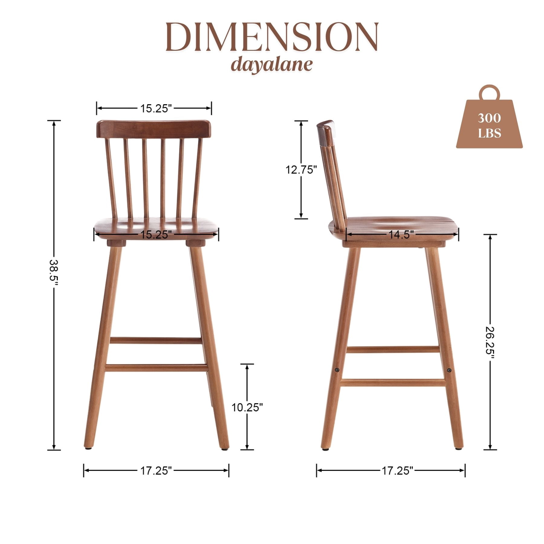 Dayalane Windsor Bar Stools Set of 2, 26" Farmhouse Wooden Counter Height Barstools with Spindle Back & Footrest, Armless Kitchen Island Stools for Bistro, Pub, Breakfast Bar,Walnut