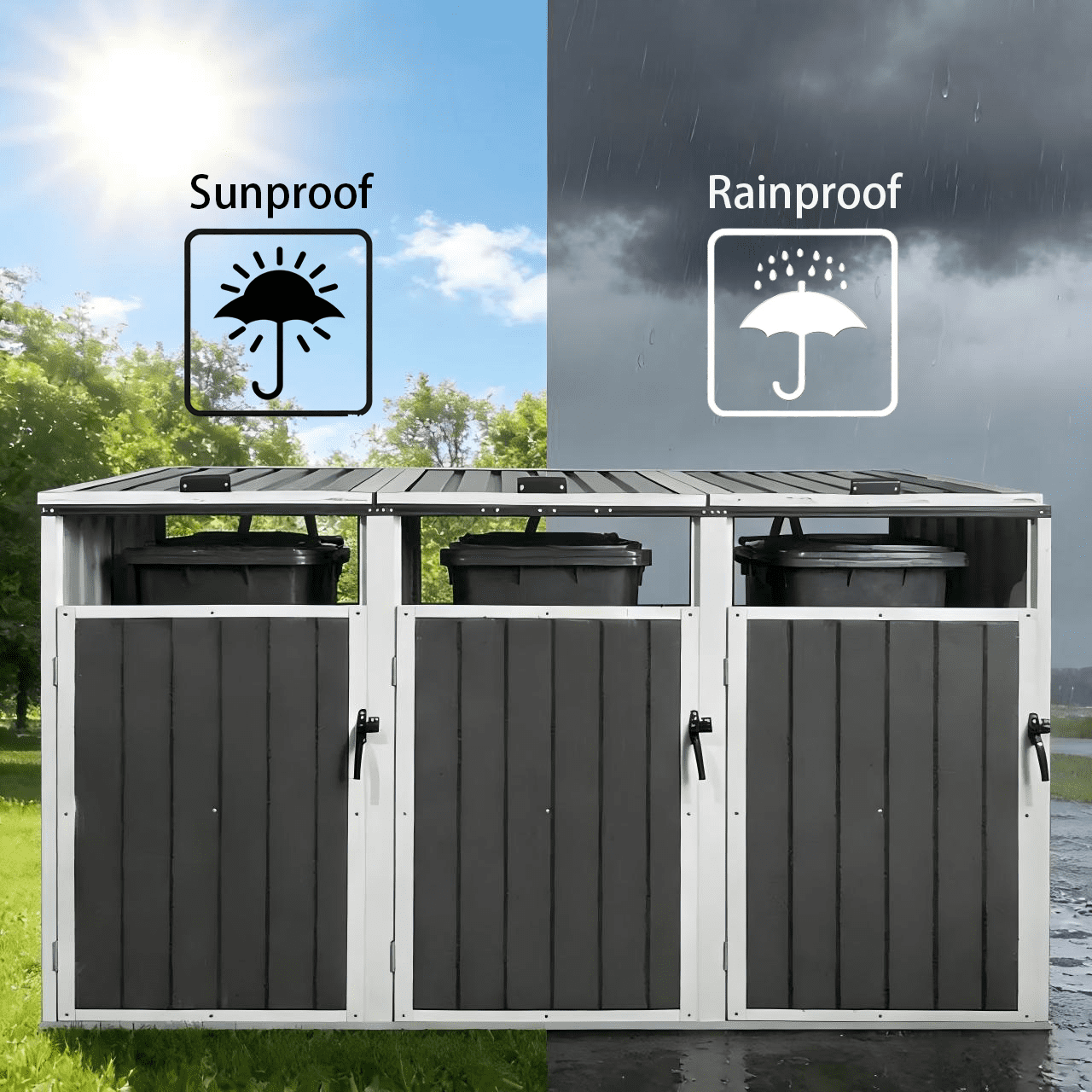 Royard Oaktree 3-Trash Can Metal Garbage Bin Shed - Outdoor Galvanized Steel Storage Shed with Lockable Lid & Ventilated Design for Garden, Yard, Pool Area, Dark Grey