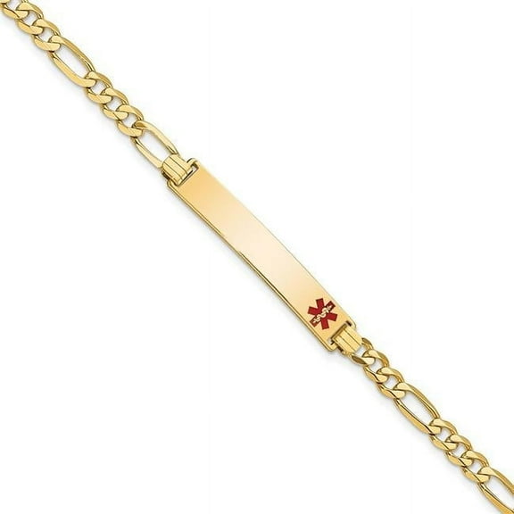 Primal Gold 14 Karat Yellow Gold Medical Red Enamel Flat Figaro Link ID Bracelet