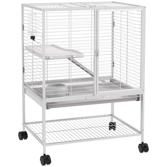PawHut 2-Tier Ferret Cage Rolling Small Animal Cage w/ Shelf, Light Grey