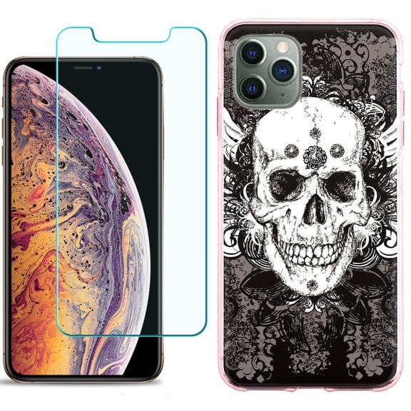 For Apple iPhone 11 PRO Case, Slim-Fit TPU Protective Phone Case (Pink Bezel) with Tempered Glass Screen Protector, by OneToughShield ® - Grunge Skull