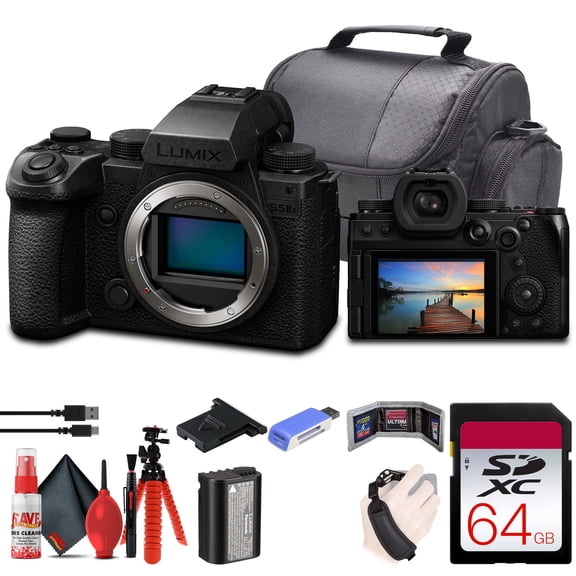 Panasonic Lumix S5 IIX Mirrorless Camera (DC-S5M2XBODY)   64GB Memory Card   Card Reader   Case   Flex Tripod   Cleaning Kit   Memory Wallet   Hand Strap
