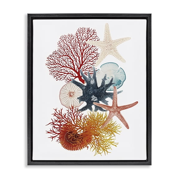 Stupell Industries Coral & Undersea Creatures Animals Painting Black Floater Framed Canvas Art Print Wall Art, 17 x 21