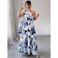 thumbnail image 4 of Womens Blue Floral Print Asymmetrical One-Shoulder Sleeveless Long Dress, 4 of 7
