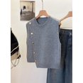 thumbnail image 3 of 1pc Solid Color Cropped Round Neck Asymmetrical Button Design Fashion Layering Sleeveless Knit Vest Tank Top Summer, Effortless Style, 3 of 11