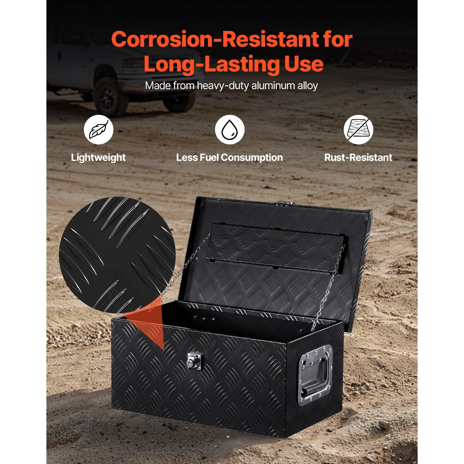 KFFKFF Durable Aluminum Truck Bed Tool Box, Textured Storage Box with Side Handle and Lock Keys, Organizer Chest for Trailer, Pickup, Truck Bed, RV, 20"x12"x9.5", Black