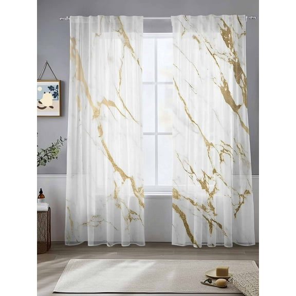 White Gold Marble Sheer Curtains 84 Inches Long 2 Panels Abstract Cracked Stone Texture Modern Light Filtering Semi Sheer Window Curtains Drapes for Bedroom Living Room 52"x84"